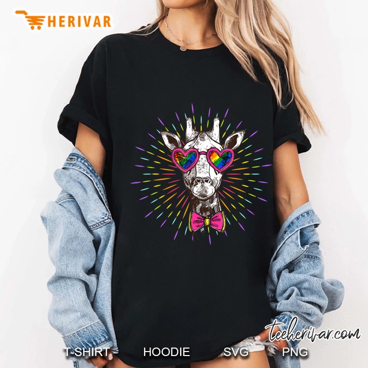 Giraffe With Lgbt Rainbow Flag Glasses Ladies Tee