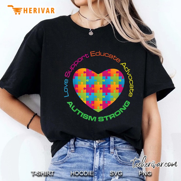 Love Support Educate Advocate Autism Strong Puzzle Heart Version Ladies Tee