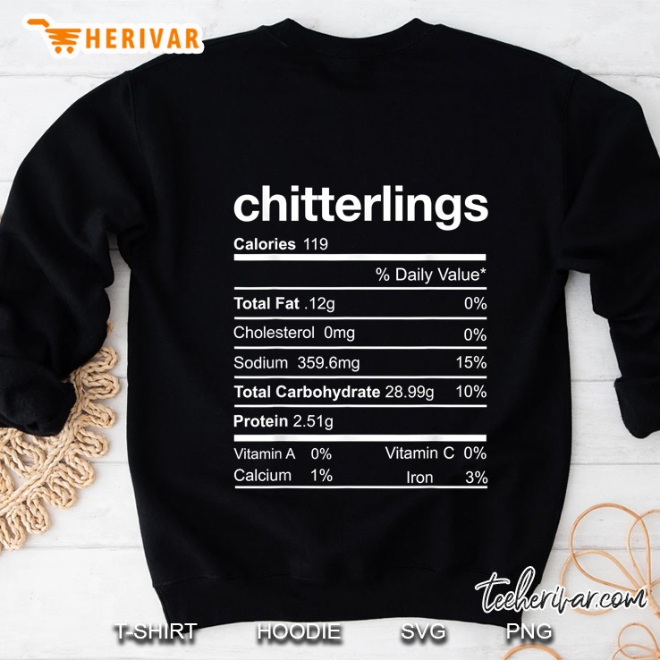 Chitterlings Calories 119 % Daily Value Total Fat 12g 0% Cholesterol 0mg 0% Sweatshirt