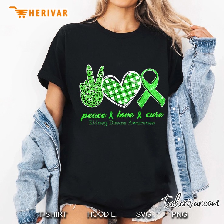 Peace Love Cure Kidney Disease Awareness Leopard Peace Sigh Hand Plaid Heart Green Ribbon Ladies Tee