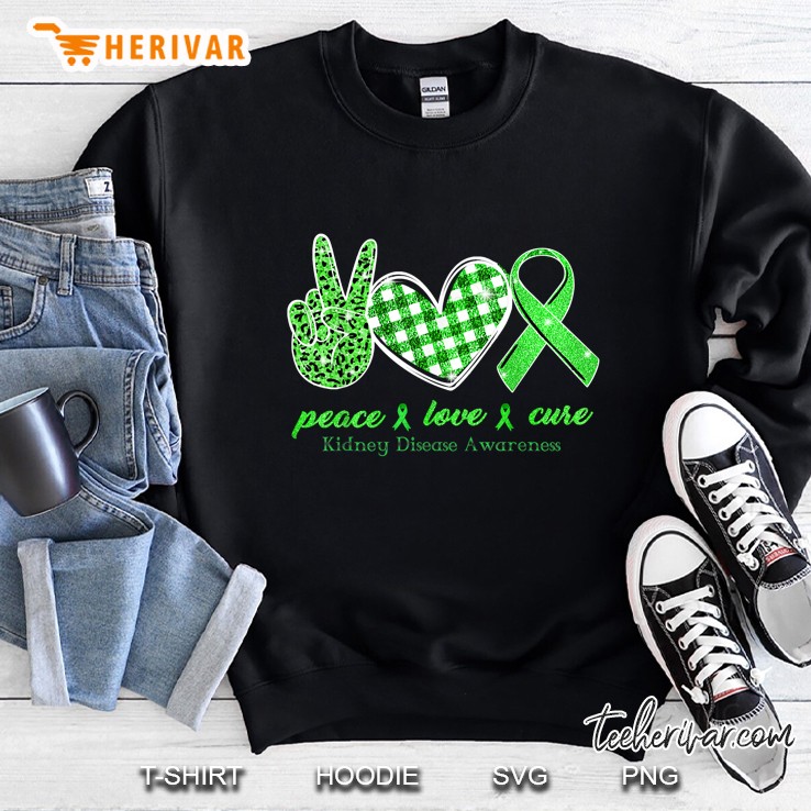 Peace Love Cure Kidney Disease Awareness Leopard Peace Sigh Hand Plaid Heart Green Ribbon Sweatshirt