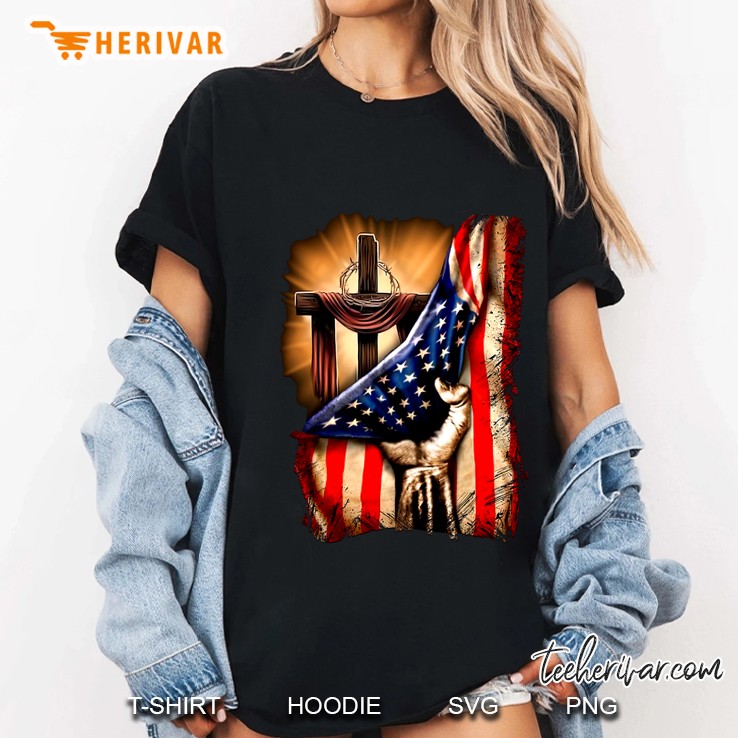 Cross Behind American Flag Ladies Tee