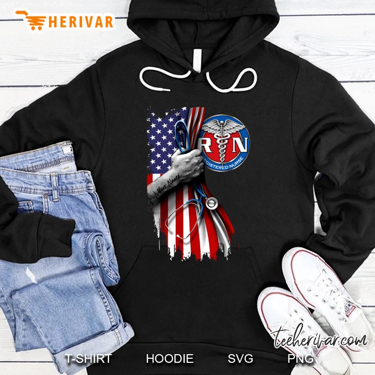 Rn Registered Nurse Hand Holding Stethoscope Caduceus American Flag Version Hoodie