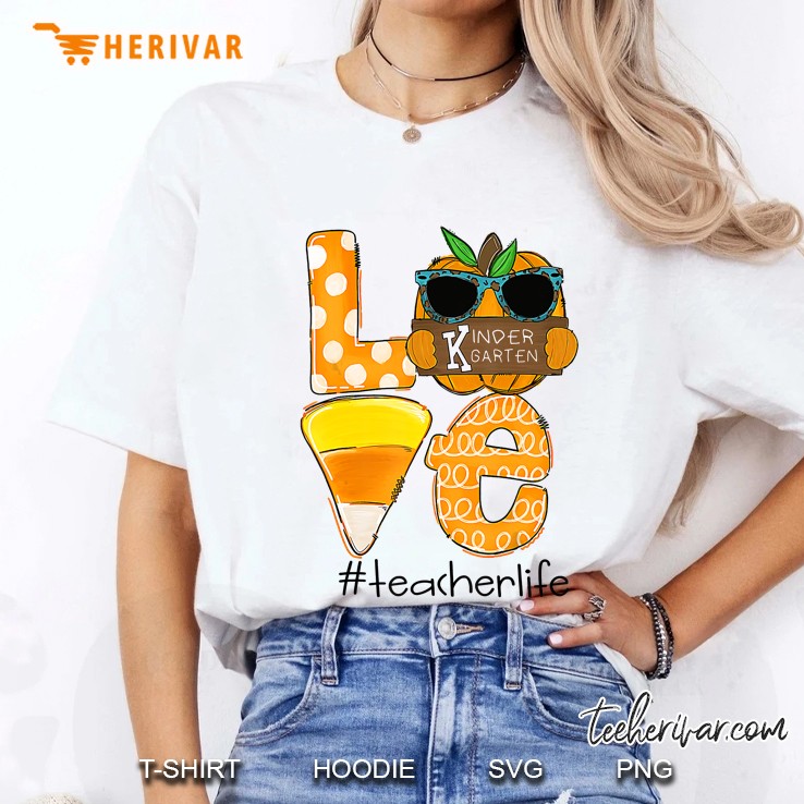 Love Kindergarten Teacherlife Pumpkin Candy Corn Halloween Ladies Tee