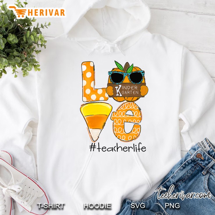Love Kindergarten Teacherlife Pumpkin Candy Corn Halloween Hoodie