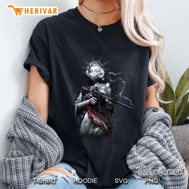 Statue Of Liberty Wear Mask With Gun And American Flag Ladies Tee