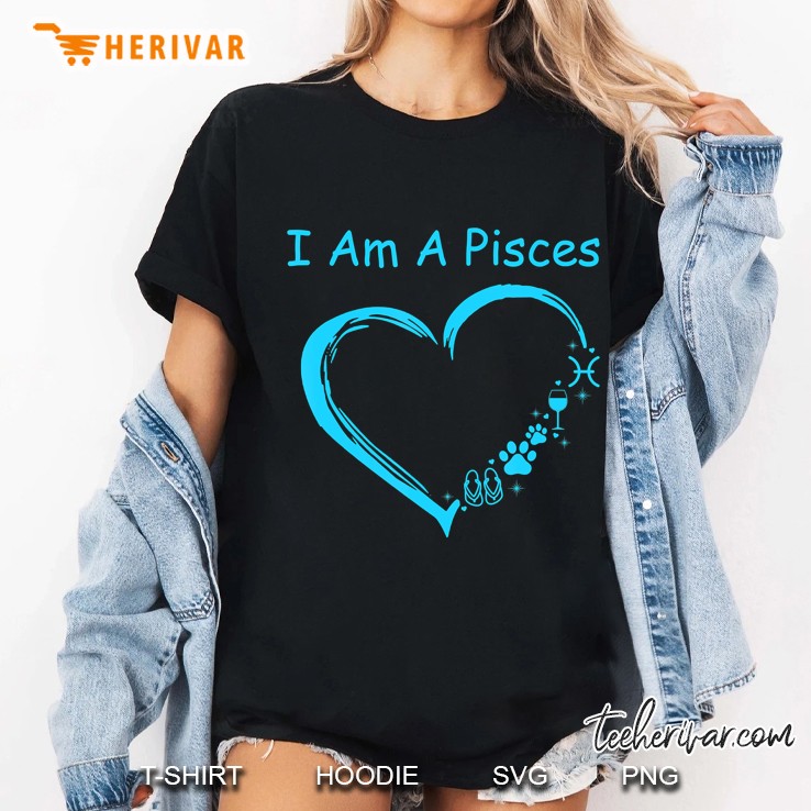 I Am A Pisces Love Wine Dog Flip Flop Blue Heart Graphic Ladies Tee