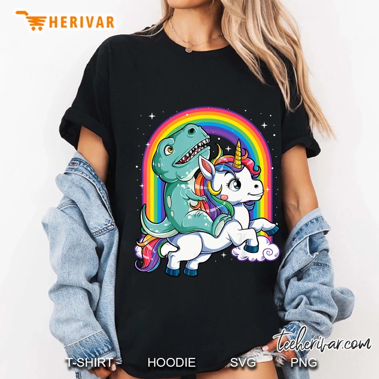 Dinosaur Riding Unicorn Rainbow Ladies Tee
