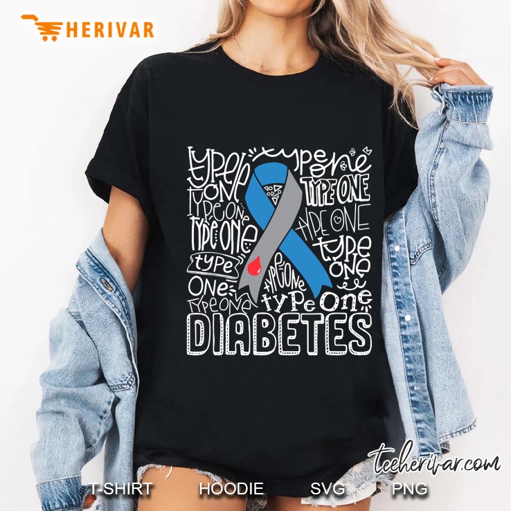 Grey And Blue Ribbon Typography Type 1 Diabetes Awareness Ladies Tee