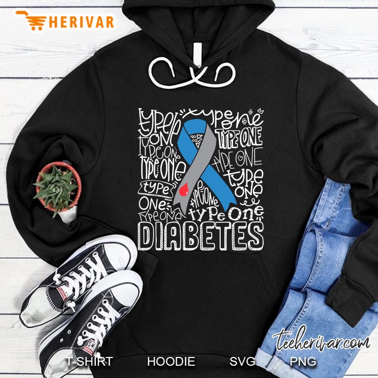 Grey And Blue Ribbon Typography Type 1 Diabetes Awareness Hoodie