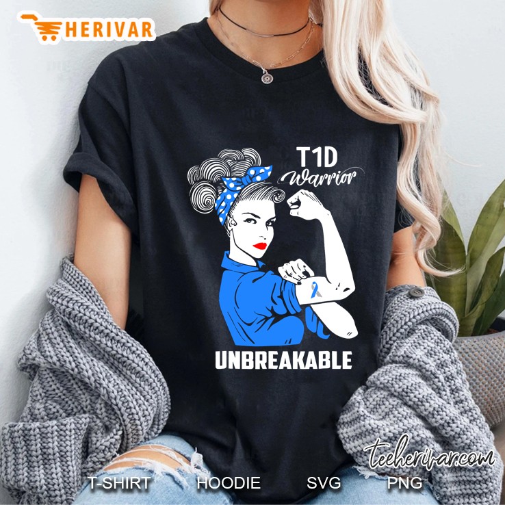 T1d Warrior Unbreakable Strong Woman With Grey And Blue Ribbon Tattoo Version Ladies Tee