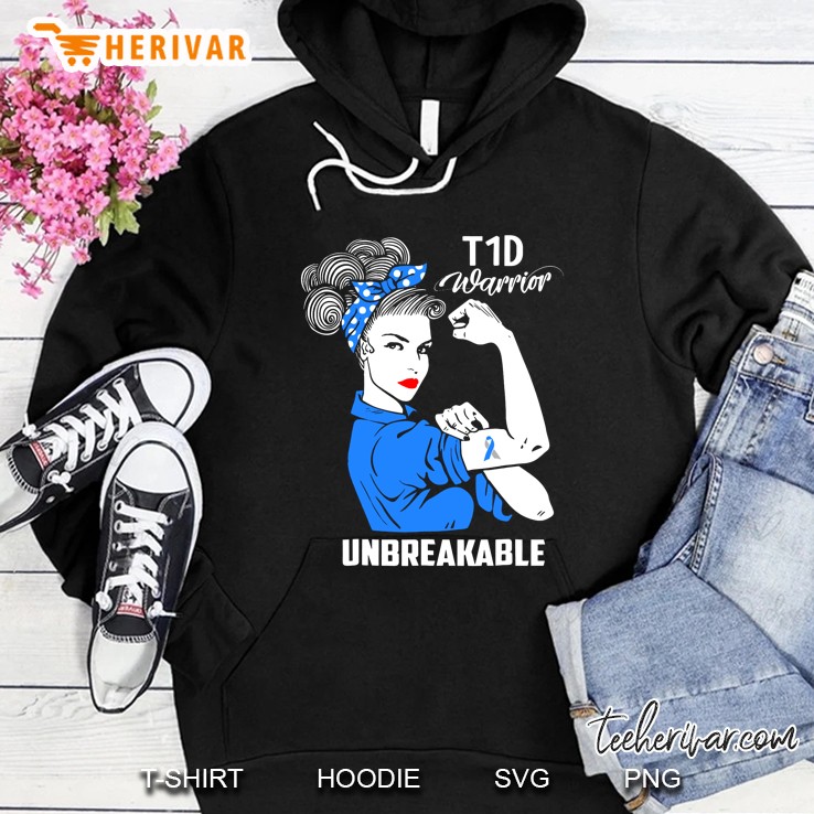 T1d Warrior Unbreakable Strong Woman With Grey And Blue Ribbon Tattoo Version Hoodie