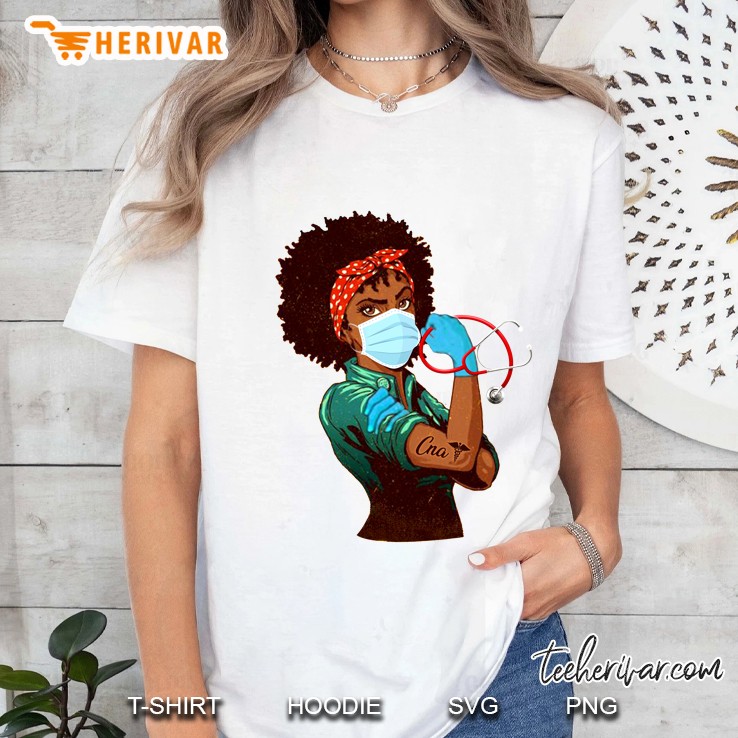 Afro Strong Cna Wear Face Mask With Stethoscope Ladies Tee