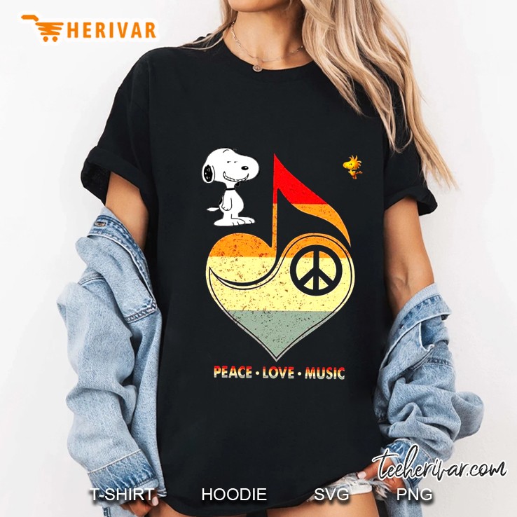 Peace Love Music Snoopy And Woodstock Vintage Version Ladies Tee