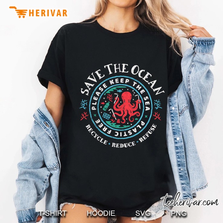 Save The Ocean Please Keep The Sea Plastic Free Octopus Scene Ladies Tee