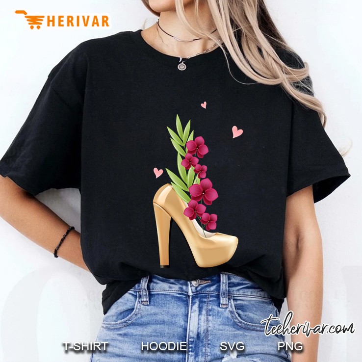 Golden High Heels With Flowers Ladies Tee