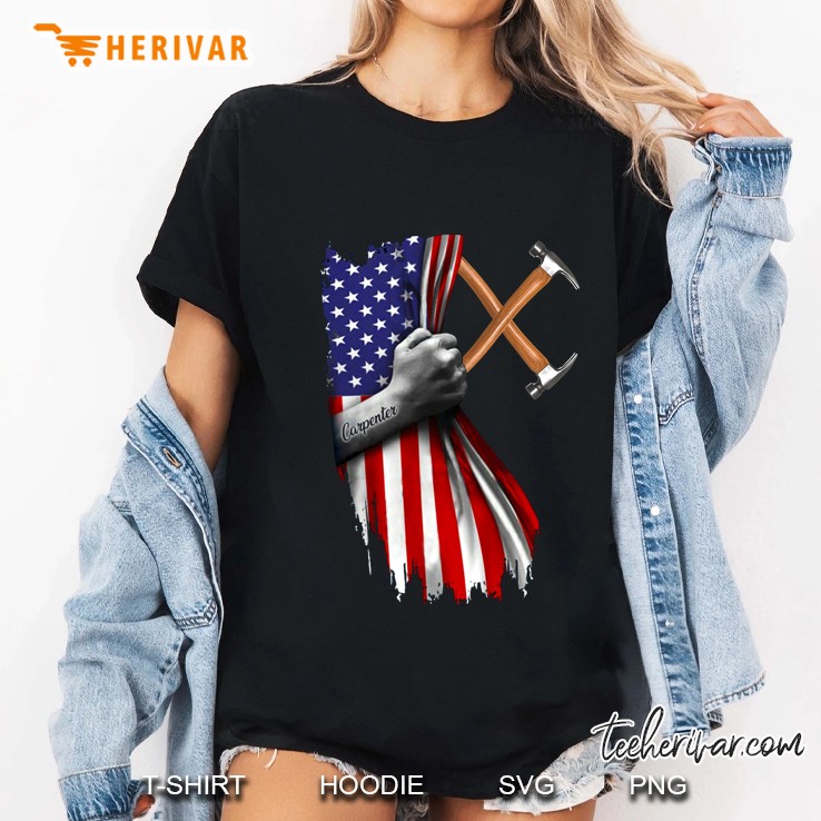 Carpenter Hammers Behind American Flag Version Ladies Tee