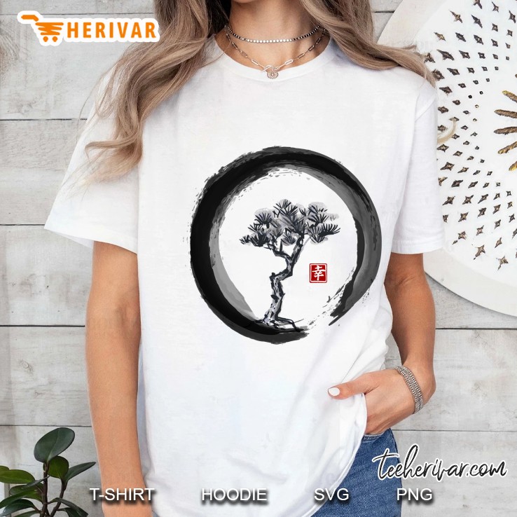 japanese pine tree in enso zen circle - vintage japanese ink Hoodie