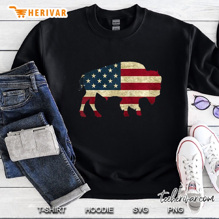 Vintage Buffalo Bison Outline American Usa Flag Patriotic Raglan Baseball Tee Sweatshirt