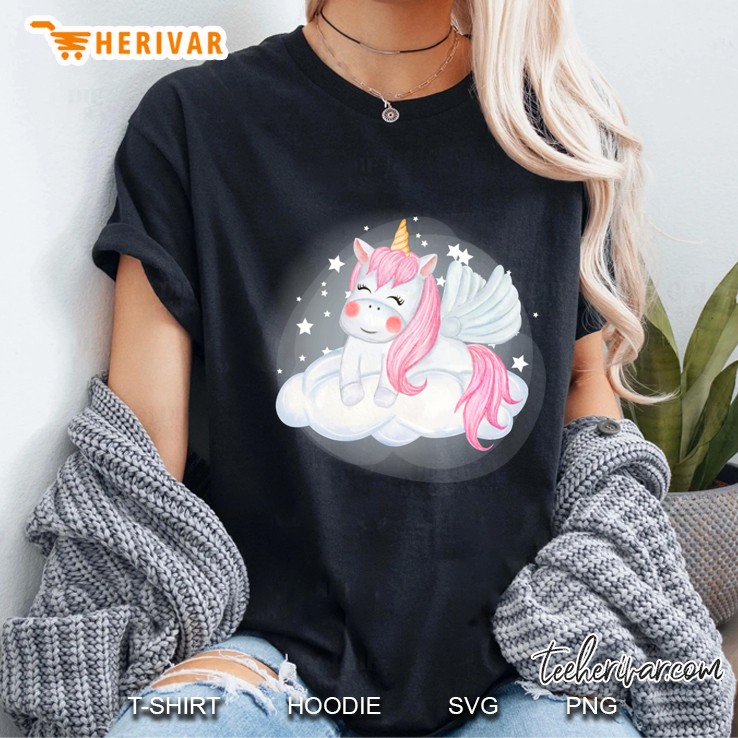 Cute Unicorns Sitting On The Clouds Watercolor Illustration Ladies Tee