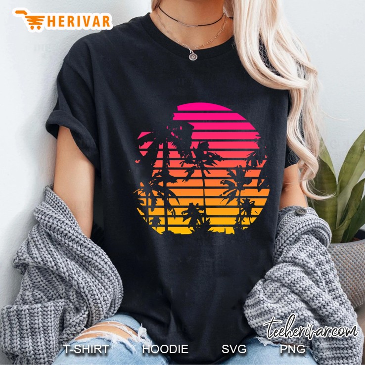 Cool 80S Style Tropical Sunset Slim Fit Ladies Tee