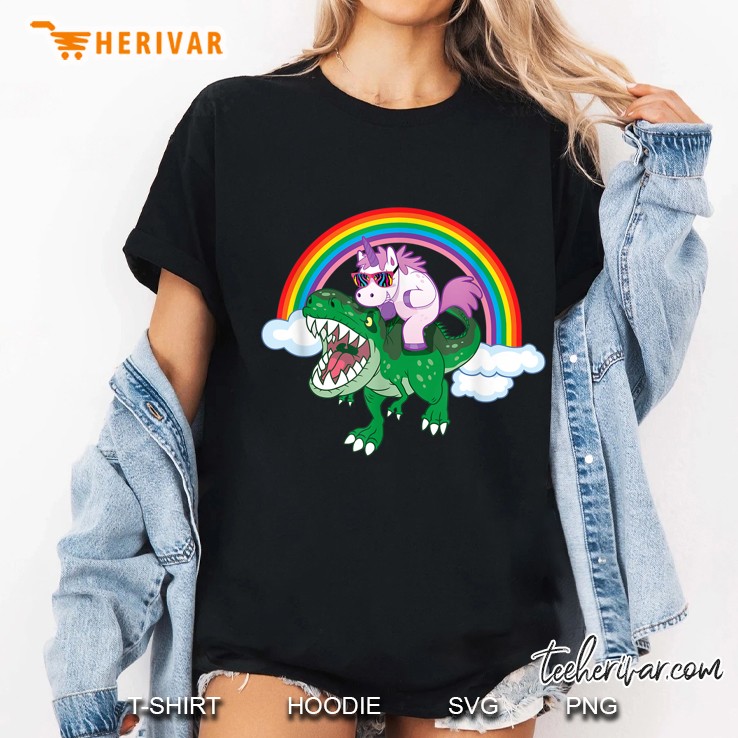 Fun Unicorn Riding A Dinosaur With Rainbow Hoodie