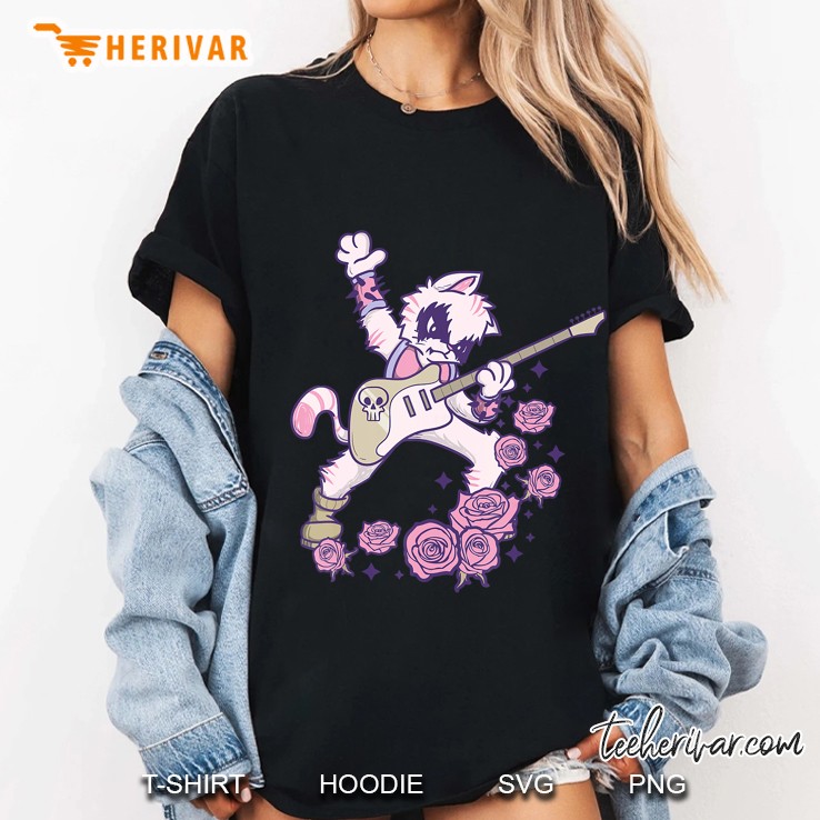 Pastel Goth Kawaii Heavy Metal Cat Guitarist Guitar Playing Ladies Tee