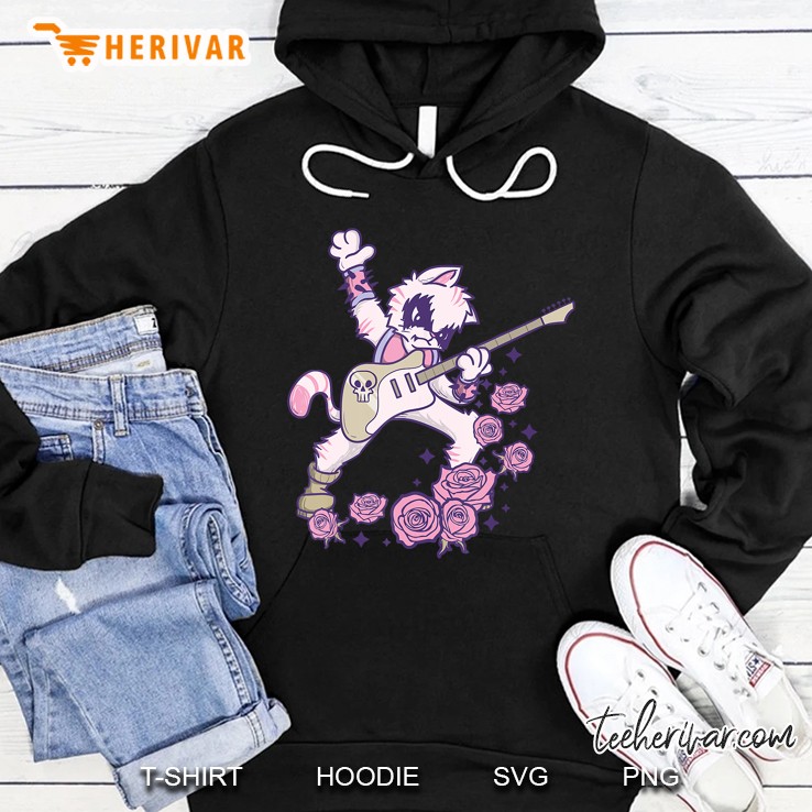 Pastel Goth Kawaii Heavy Metal Cat Guitarist Guitar Playing Hoodie