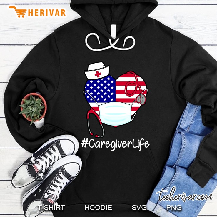 #Caregiverlife American Flag Heart With Face Mask And Stethoscope Version Hoodie