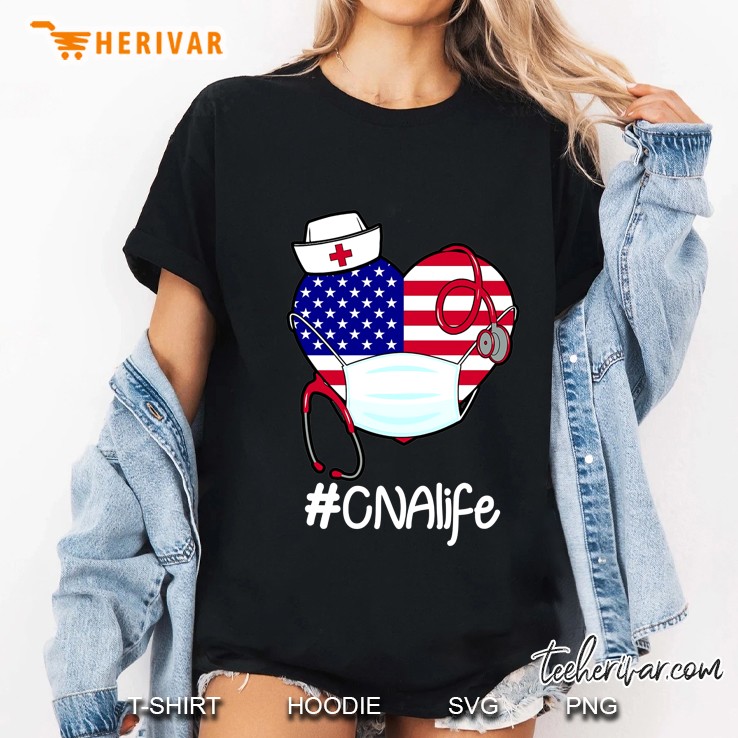 #CNAlife American Flag Heart With Face Mask And Stethoscope Version Ladies Tee