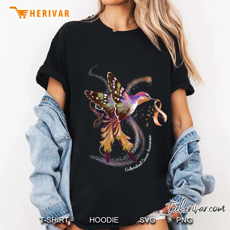 Hummingbird Hold Peach Ribbon Endometrial Cancer Awareness Ladies Tee