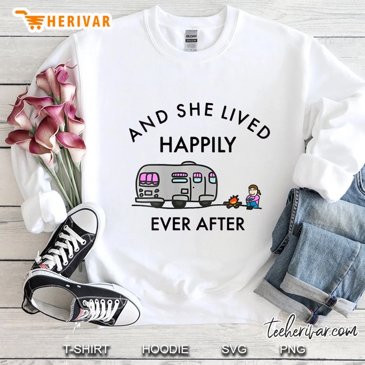 Womens And She Lived Happily Ever After Camping V-Neck Sweatshirt