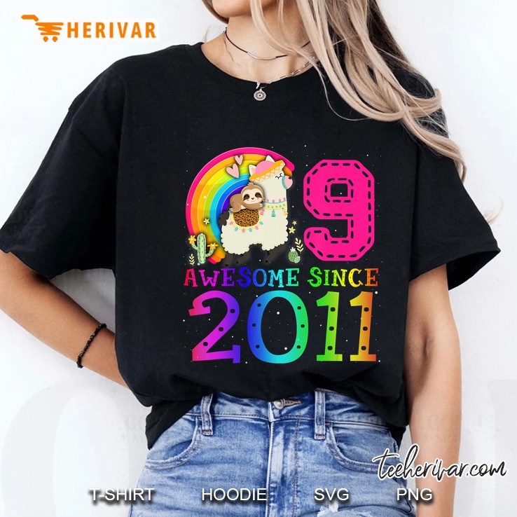 Awesome Since 2011 Leopard Sloth Riding Llama 9Th Birthday Ladies Tee