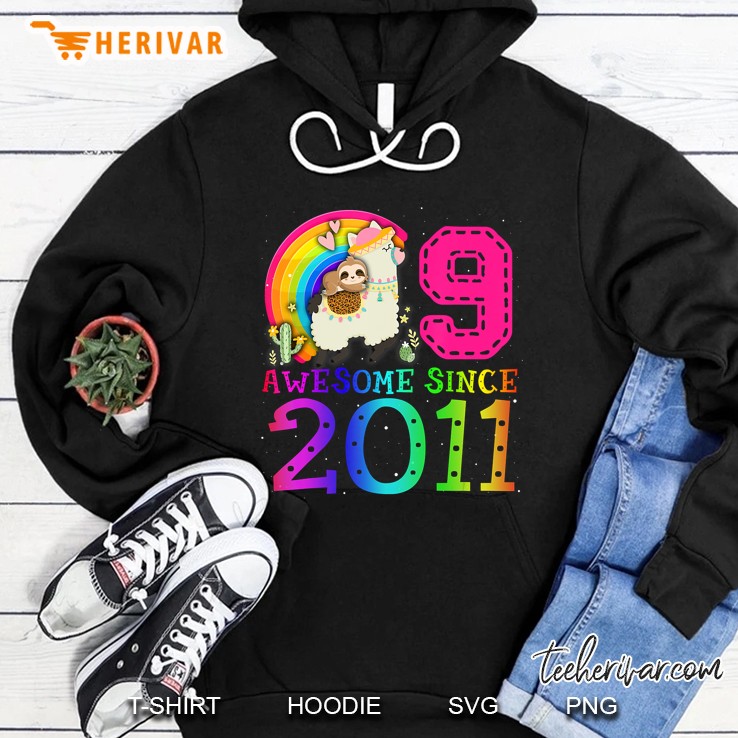 Awesome Since 2011 Leopard Sloth Riding Llama 9Th Birthday Hoodie