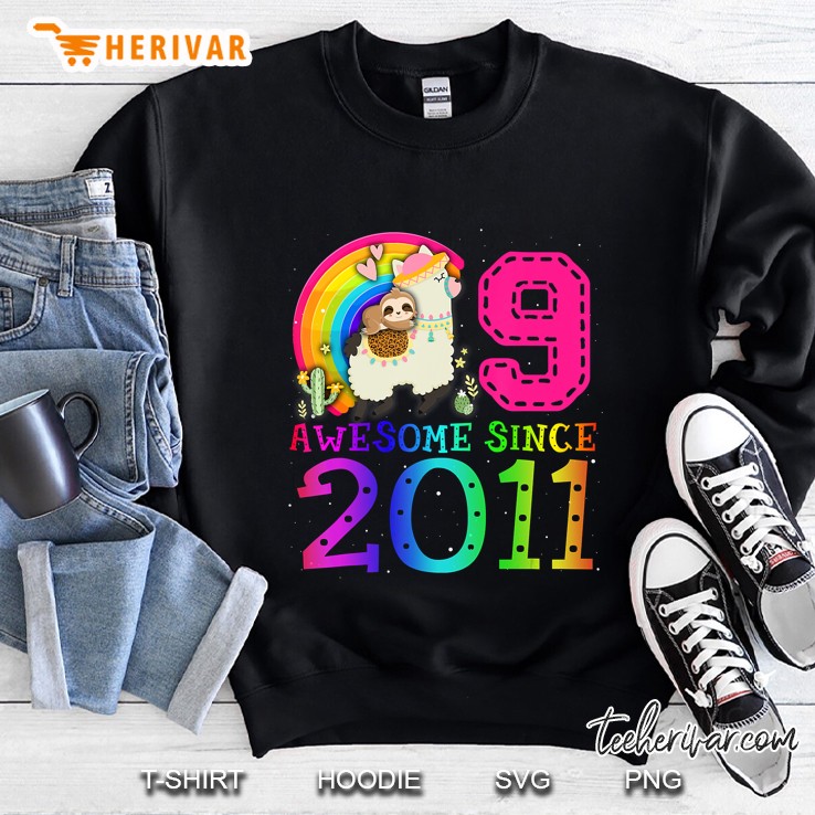 Awesome Since 2011 Leopard Sloth Riding Llama 9Th Birthday Sweatshirt
