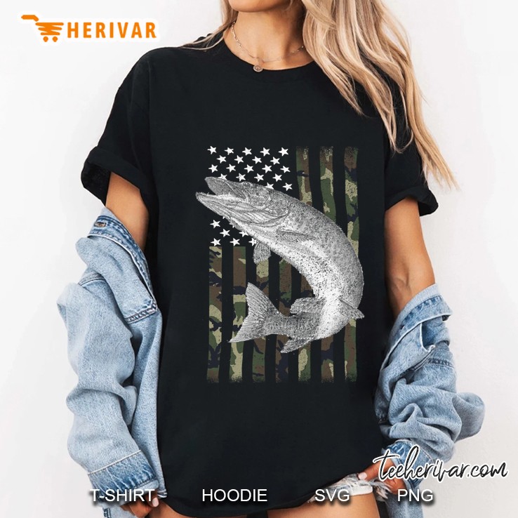 Camouflage American Flag Musky Fishing Muskie Gift (On Back) Ladies Tee