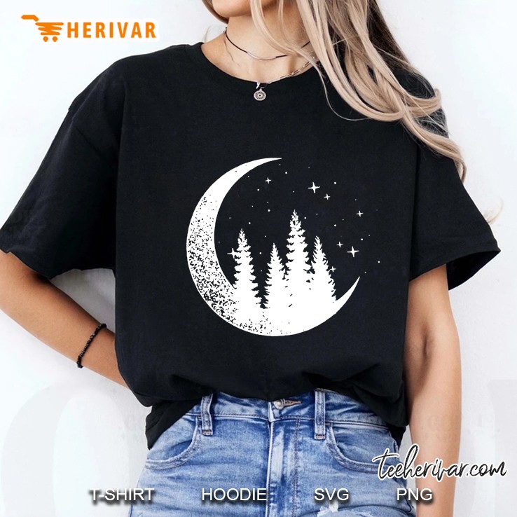 Crescent Moon With Trees Silhouette And Stars Ladies Tee