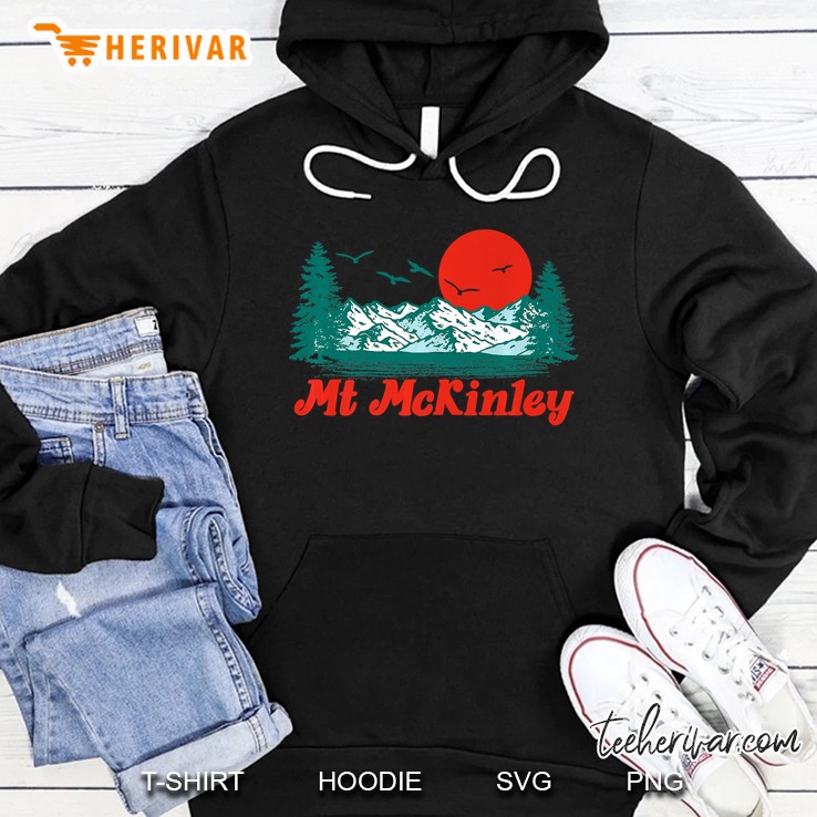 Retro Mount Mckinley Mountain Trees & Sun Scene Graphic Premium Hoodie