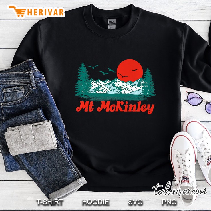 Retro Mount Mckinley Mountain Trees & Sun Scene Graphic Premium Sweatshirt