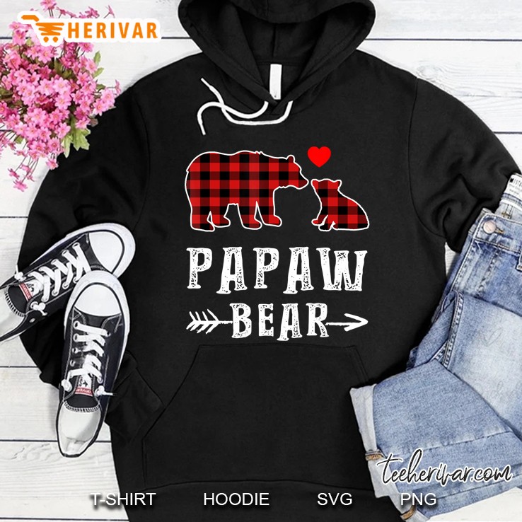 Red Plaid Papaw Bear One Cub Matching Buffalo Pajama Xmas Hoodie