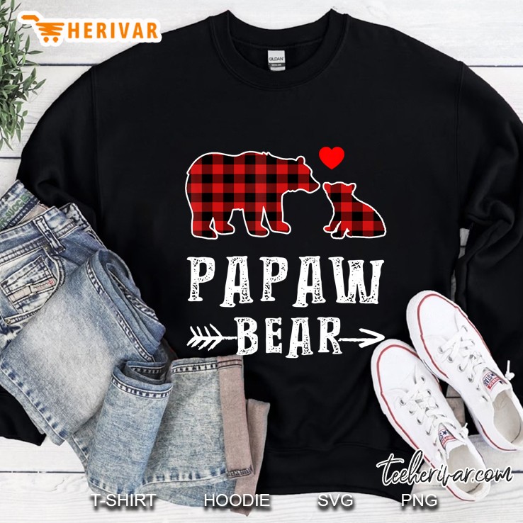 Red Plaid Papaw Bear One Cub Matching Buffalo Pajama Xmas Sweatshirt