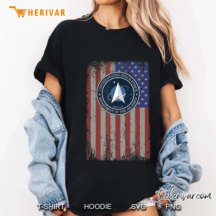 New Space Force Ussf Logo Us American Flag Ladies Tee