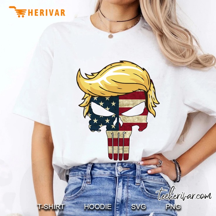 Funny President Trump Hair With American Flag Skull Ladies Tee