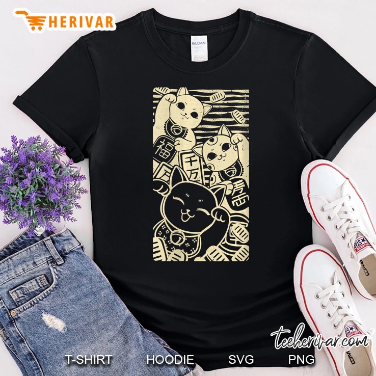 Womens Maneki Nekos - Lucky Cats Japanese Style Design V-Neck Shirt