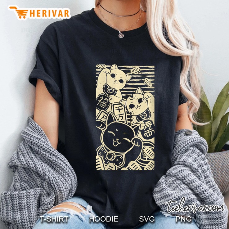 Womens Maneki Nekos - Lucky Cats Japanese Style Design V-Neck Ladies Tee