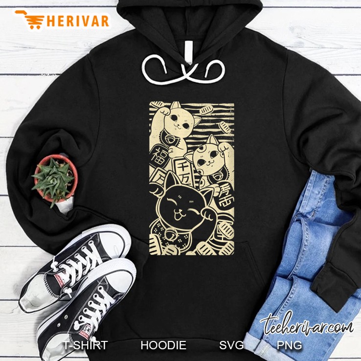 Womens Maneki Nekos - Lucky Cats Japanese Style Design V-Neck Hoodie
