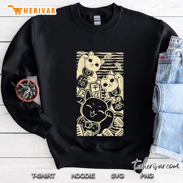 Womens Maneki Nekos - Lucky Cats Japanese Style Design V-Neck Sweatshirt