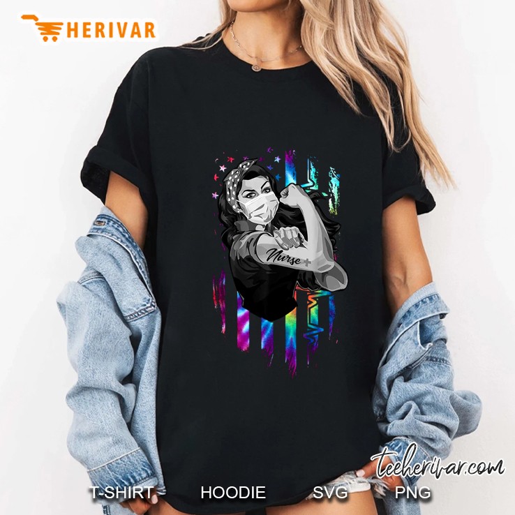 Strong Woman With Nurse Tattoo Tie Dye American Flag Version Ladies Tee