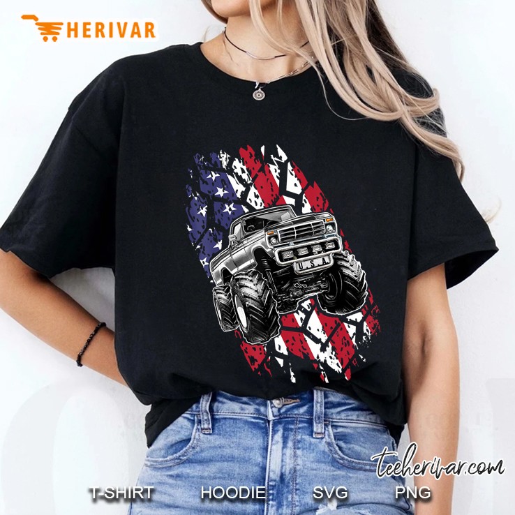 Monster Truck American Flag Retro Patriotic 4Th Of July Kids Ladies Tee