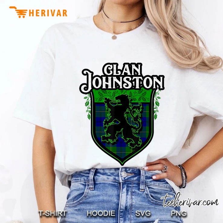 Clan Johnston Surname Scottish Tartan Lion Rampant Crest Ladies Tee